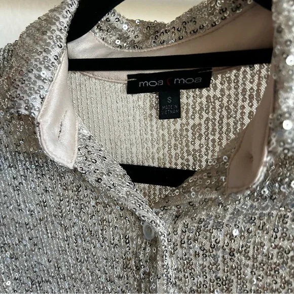 Boxy sparkle sequined button up blouse shirt silver nwot - Picture 3 of 5